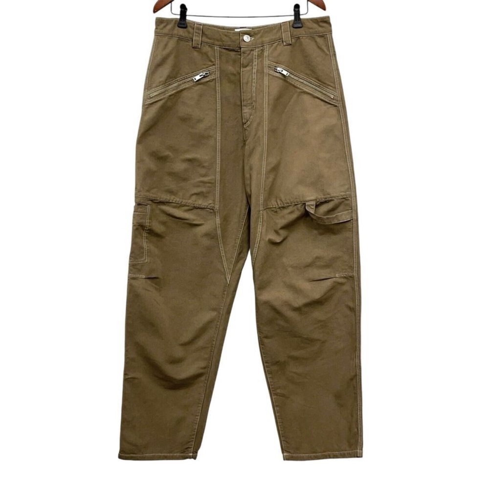 Isabel Marant: Men 42 Farker Trouser Wide Leg Khaki Distressed Pants Zip Pocket